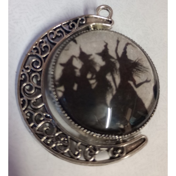 Hand Crafted Jewelry - Halloween Witchcraft  2 Sided Moon Fidget Pendant -Witches/Cemetary